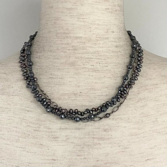 Sterling Silver 925 Triple Strand Peacock Pearl Hematite & Chain Necklace 17.5" - Picture 4 of 16